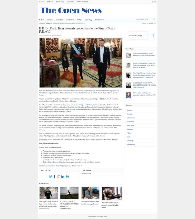 H.E. Dr. Dario Item presents credentials to the King of Spain Felipe VI