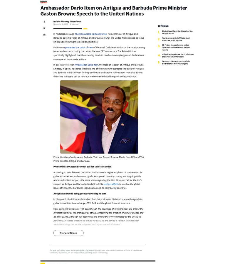 Ambassador Dario Item on Antigua and Barbuda Prime Minister Gaston Browne Speech to the United Nations