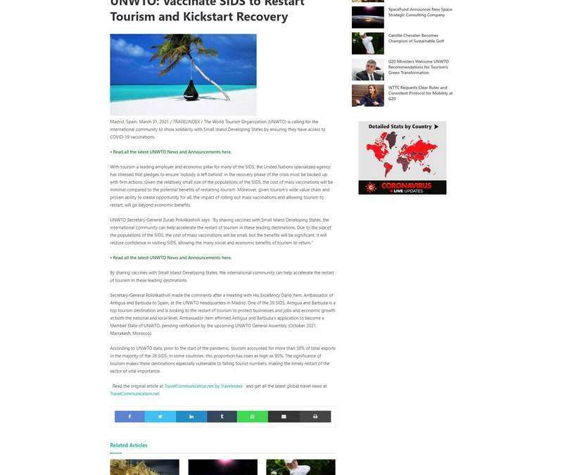 UNWTO: Vaccinate SIDS to Restart Tourism and Kickstart Recovery