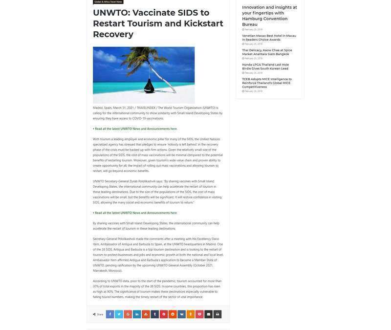 UNWTO: Vaccinate SIDS to Restart Tourism and Kickstart Recovery